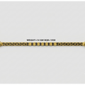 A gold-toned chain bracelet with repeating geometric links and hexagonal end caps featuring dark inlay, shown on a light gray background with text indicating weight and BQ8 code.