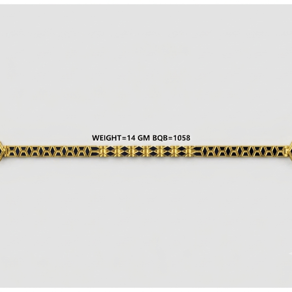 A gold-toned chain bracelet with repeating geometric links and hexagonal end caps featuring dark inlay, shown on a light gray background with text indicating weight and BQ8 code.