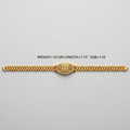 A gold-colored textured metal bracelet or chain link accessory shown horizontally on a light gray background, with text above reading 'WEIGHT=10 GM LENGTH=7.75" SQB=110'.