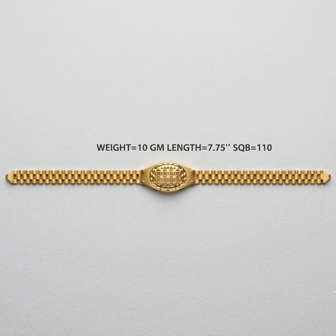 A gold-colored textured metal bracelet or chain link accessory shown horizontally on a light gray background, with text above reading 'WEIGHT=10 GM LENGTH=7.75" SQB=110'.