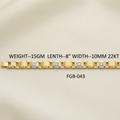 A yellow gold link bracelet with three square-cut clear stones on each link, displayed on a light beige fabric background with text specifications.