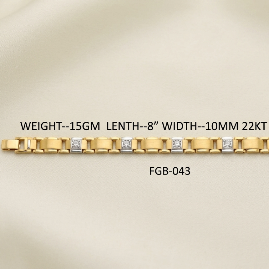 A yellow gold link bracelet with three square-cut clear stones on each link, displayed on a light beige fabric background with text specifications.