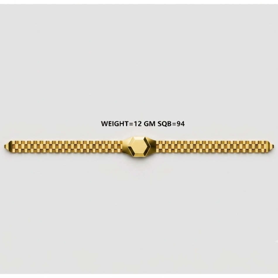 A gold-toned metal bracelet with a textured link design and a central geometric clasp, shown on a light gray background with text reading 'WEIGHT=12 GM SQ8=94'.