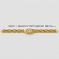 A gold-tone watch band with a central oval emblem featuring a crown, shown horizontally on a light gray background with product specifications printed above it.
