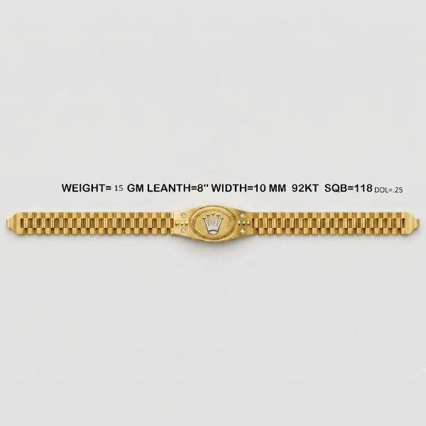 A gold-tone watch band with a central oval emblem featuring a crown, shown horizontally on a light gray background with product specifications printed above it.