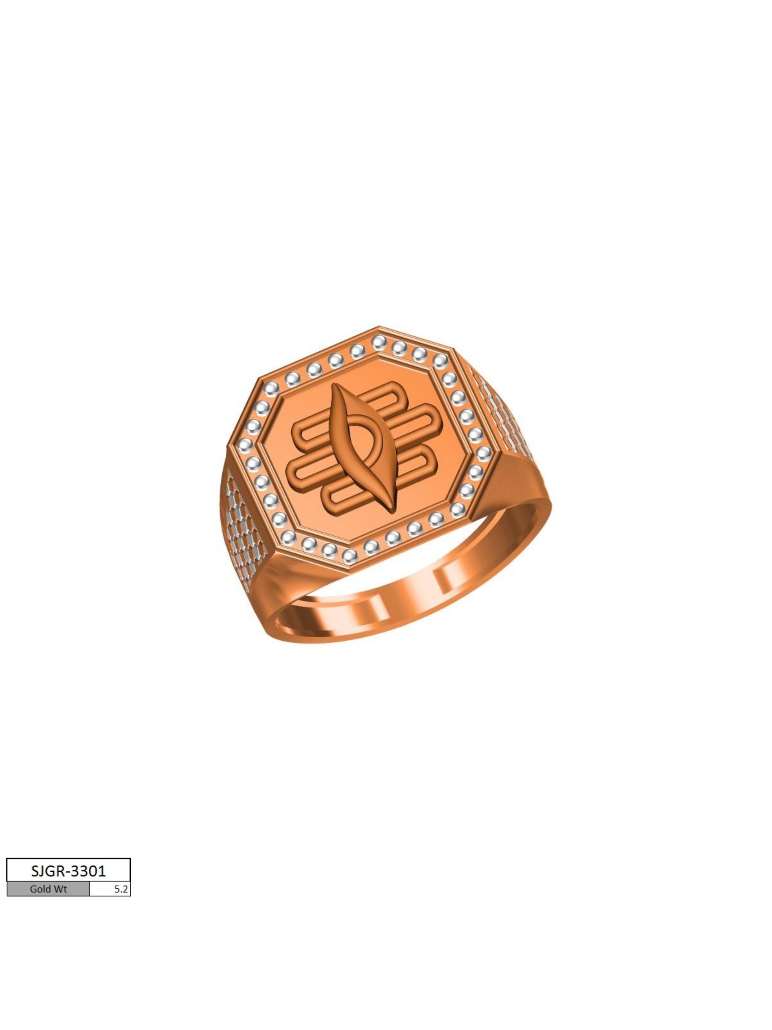 A rose gold signet ring with a geometric octagonal face, featuring an engraved stylized emblem in the center and rows of small clear stones along the edges, shown on a plain white background.