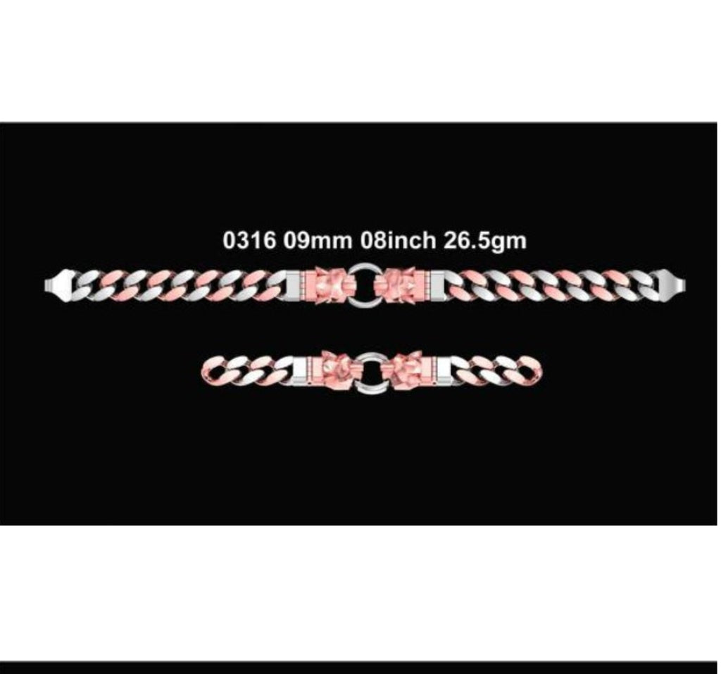 Four product cards showing different gold chain bracelets on a black background, each with a text label indicating size and weight.
