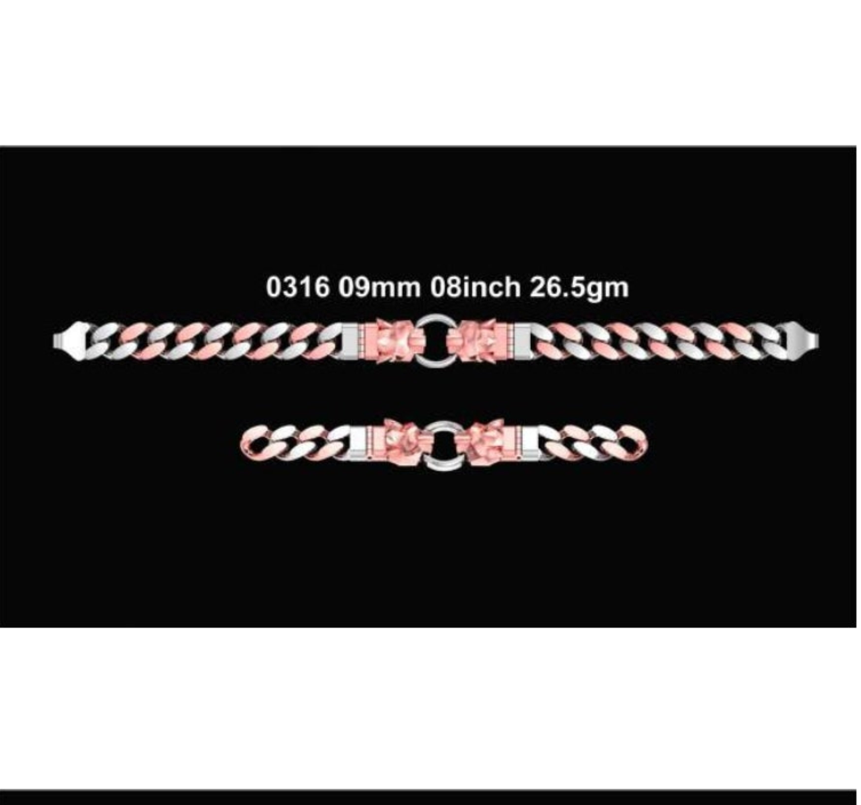 Four product cards showing different gold chain bracelets on a black background, each with a text label indicating size and weight.