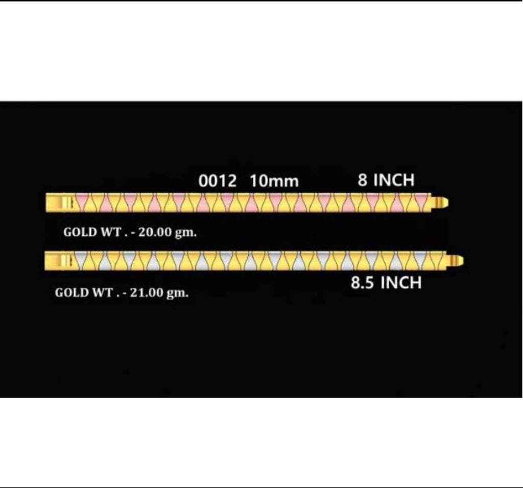 Four black cards showing different colored and patterned measuring tapes with text labels including size, length, and gold weight.