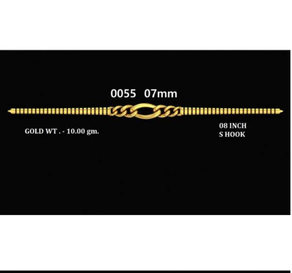 Four black product cards showing different gold-tone bracelet designs with measurements, weight, and length details. The designs include a simple chain with a central decorative motif, a chain with a heart-shaped centerpiece, a chain with a circular centerpiece, and a chain with a central emblem.