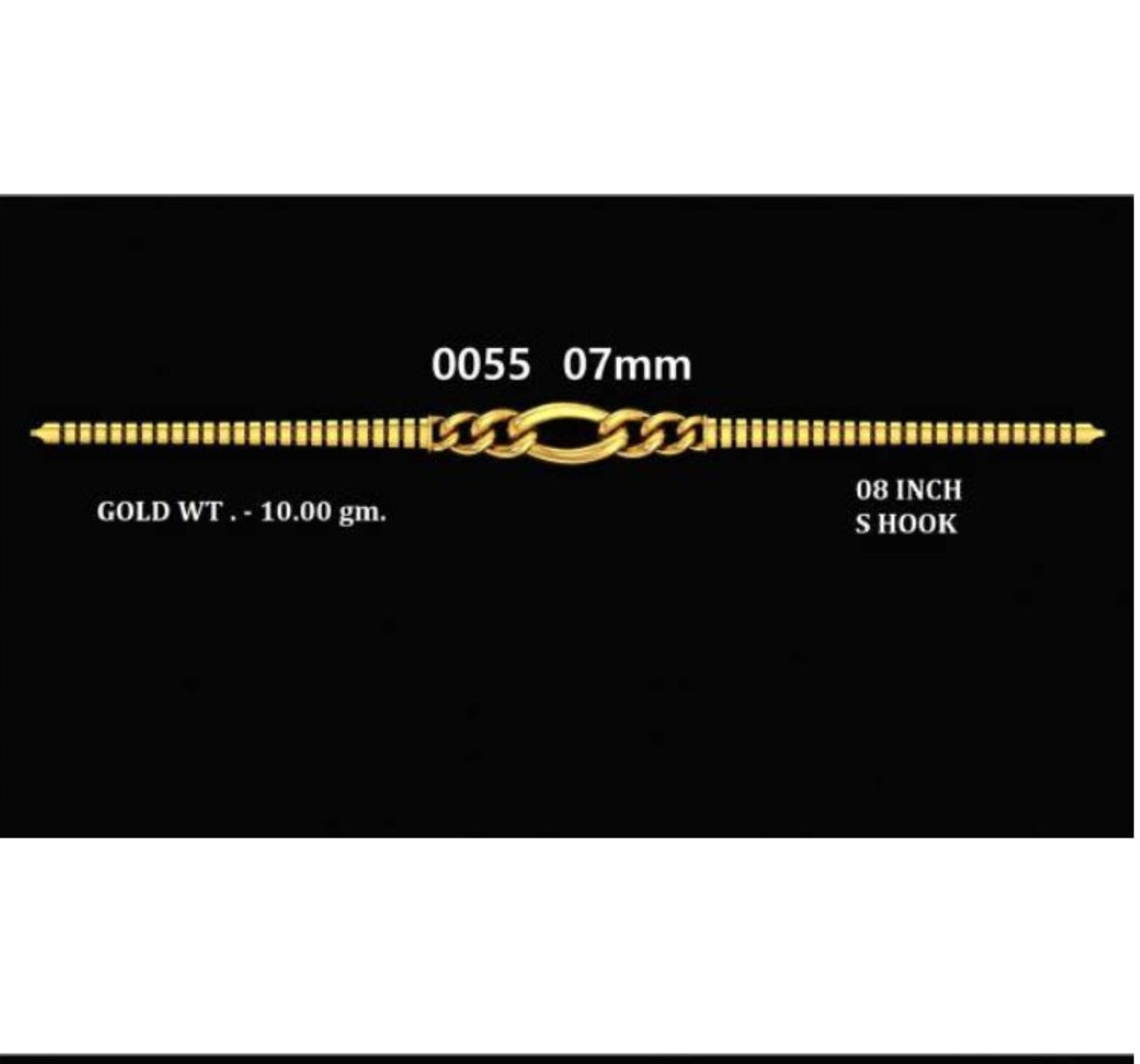 Four black product cards showing different gold-tone bracelet designs with measurements, weight, and length details. The designs include a simple chain with a central decorative motif, a chain with a heart-shaped centerpiece, a chain with a circular centerpiece, and a chain with a central emblem.