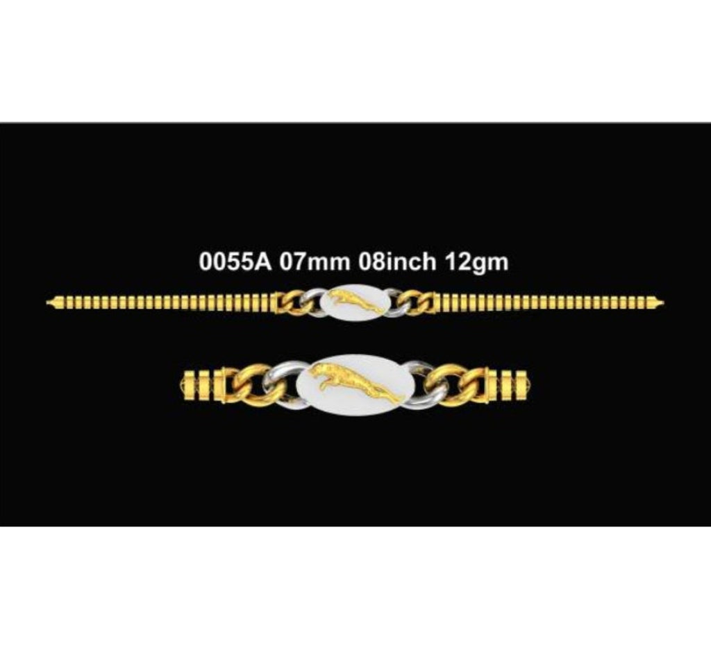 Four black product cards arranged in a 2x2 grid, each showing a decorative gold and white horizontal design with text labels reading '0055A 07mm 08inch 12gm'.
