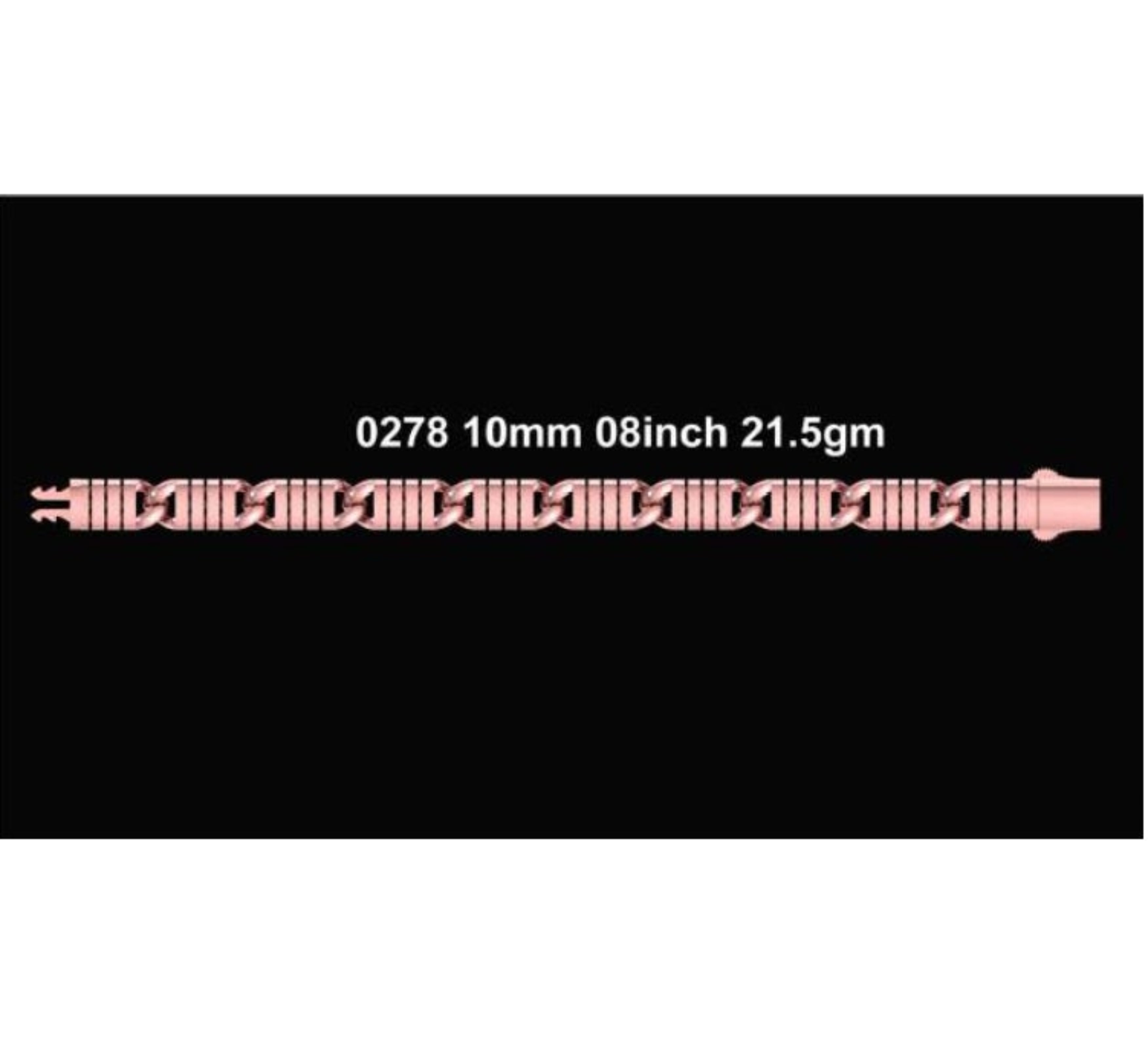 Four black product cards showing different gold-tone chain link styles with text labels and weight/length details.