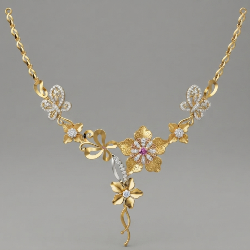 An ornate gold floral necklace with diamond accents and a central pink gemstone, displayed on a neutral gray background.