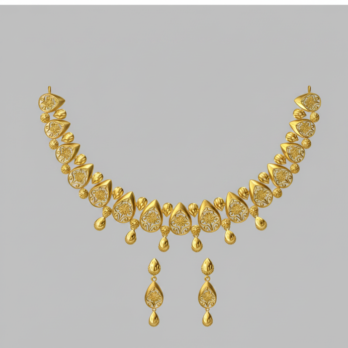 A silver-toned teardrop pendant necklace with yellow and peach inlay details, shown with matching drop earrings on a solid gray background.