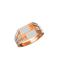 A two-tone geometric ring featuring a rose gold and silver band with pavé-set clear stones, shown on a plain white background with a small technical spec sheet and DC logo in the bottom-left corner.