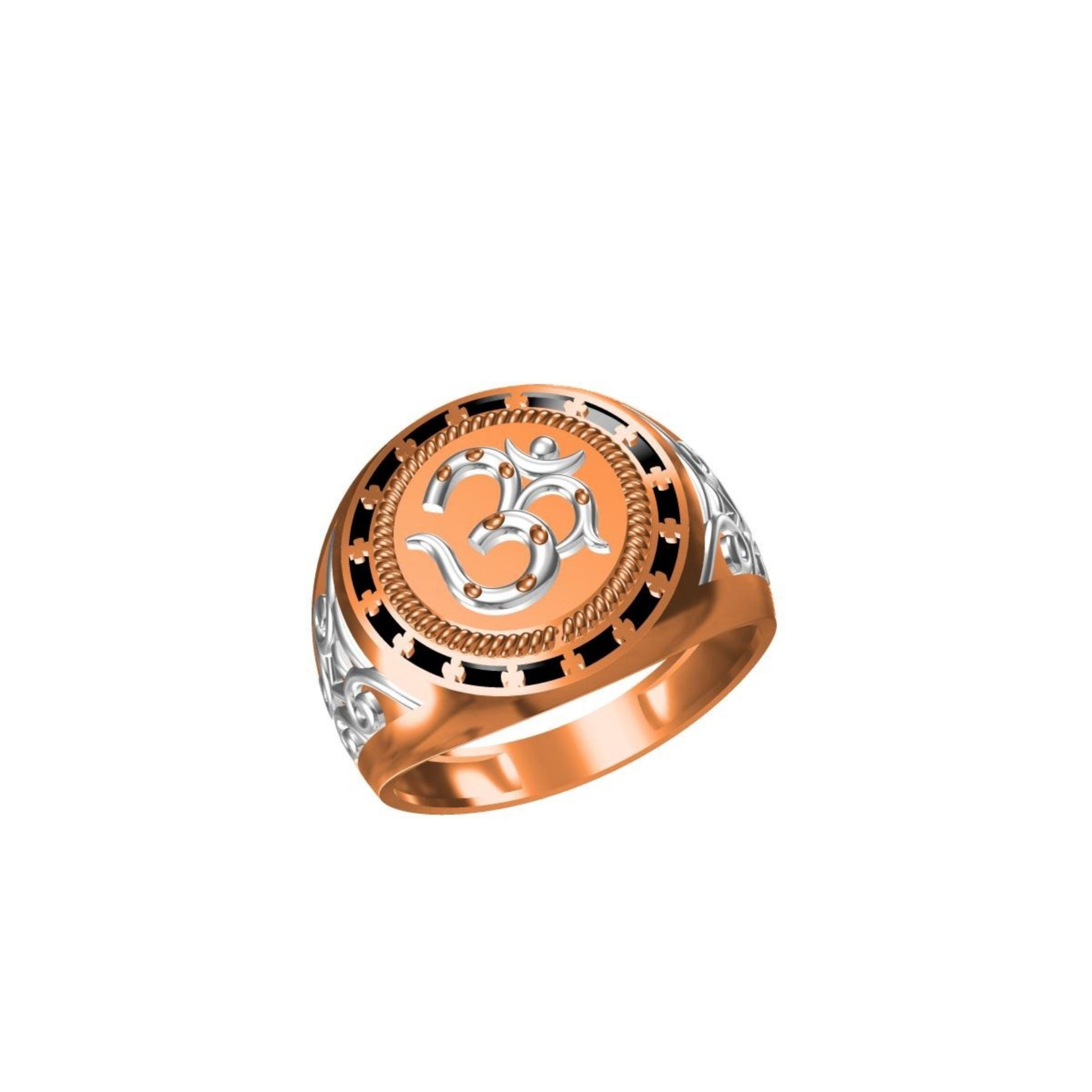 A two-tone ring with a rose gold base and a silver-toned Om symbol in the center, set against a plain white background.