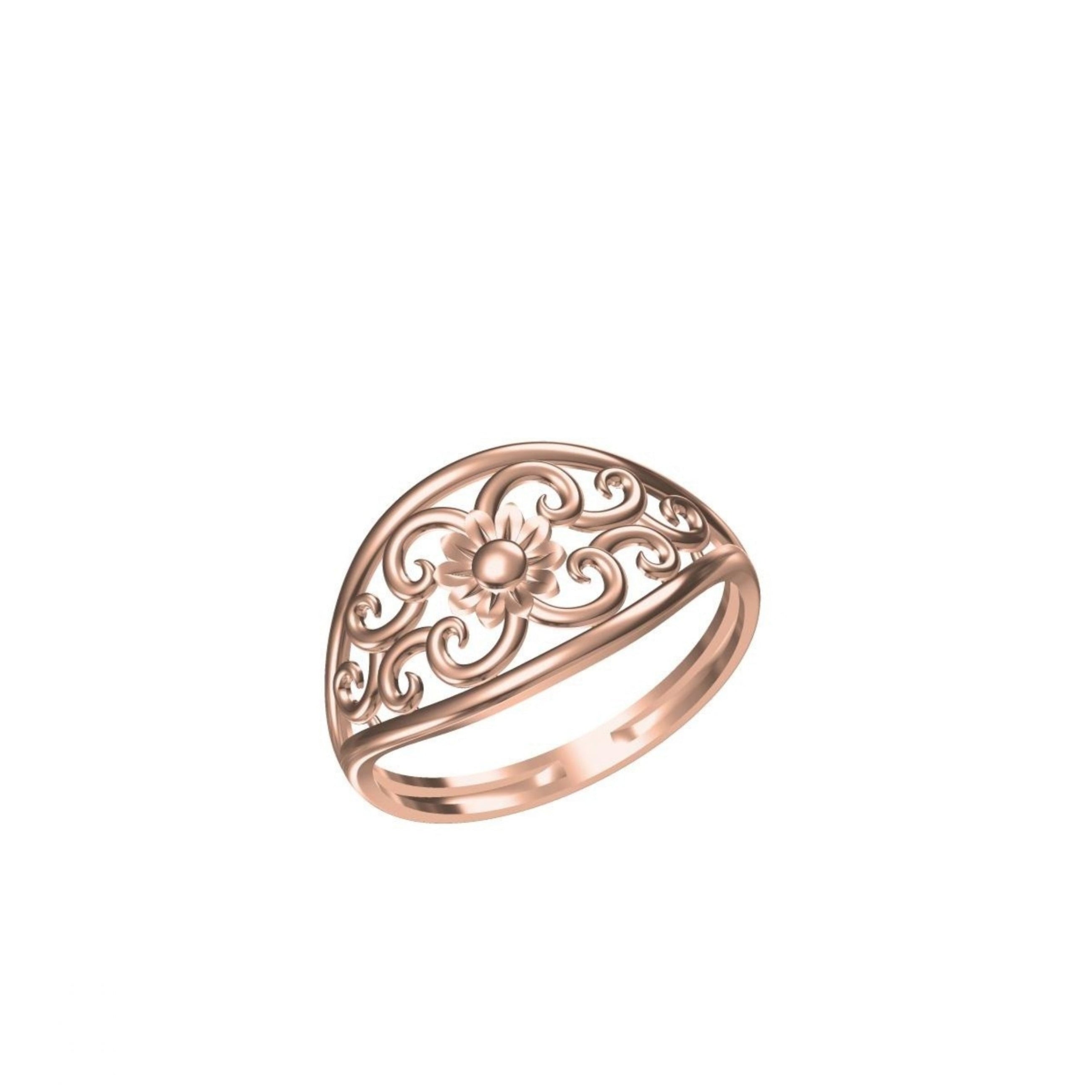 A rose gold filigree ring with a decorative sunburst motif, shown on a plain white background with a small product code label and 'DC' logo at the bottom.