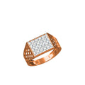 A rose gold signet ring with a square face paved with clear stones, shown on a plain white background with a small specification table and 'IO' logo at the bottom.