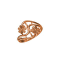 A rose gold ring with an openwork design featuring two stylized flower motifs, shown on a plain white background with a small model number and logo at the bottom.