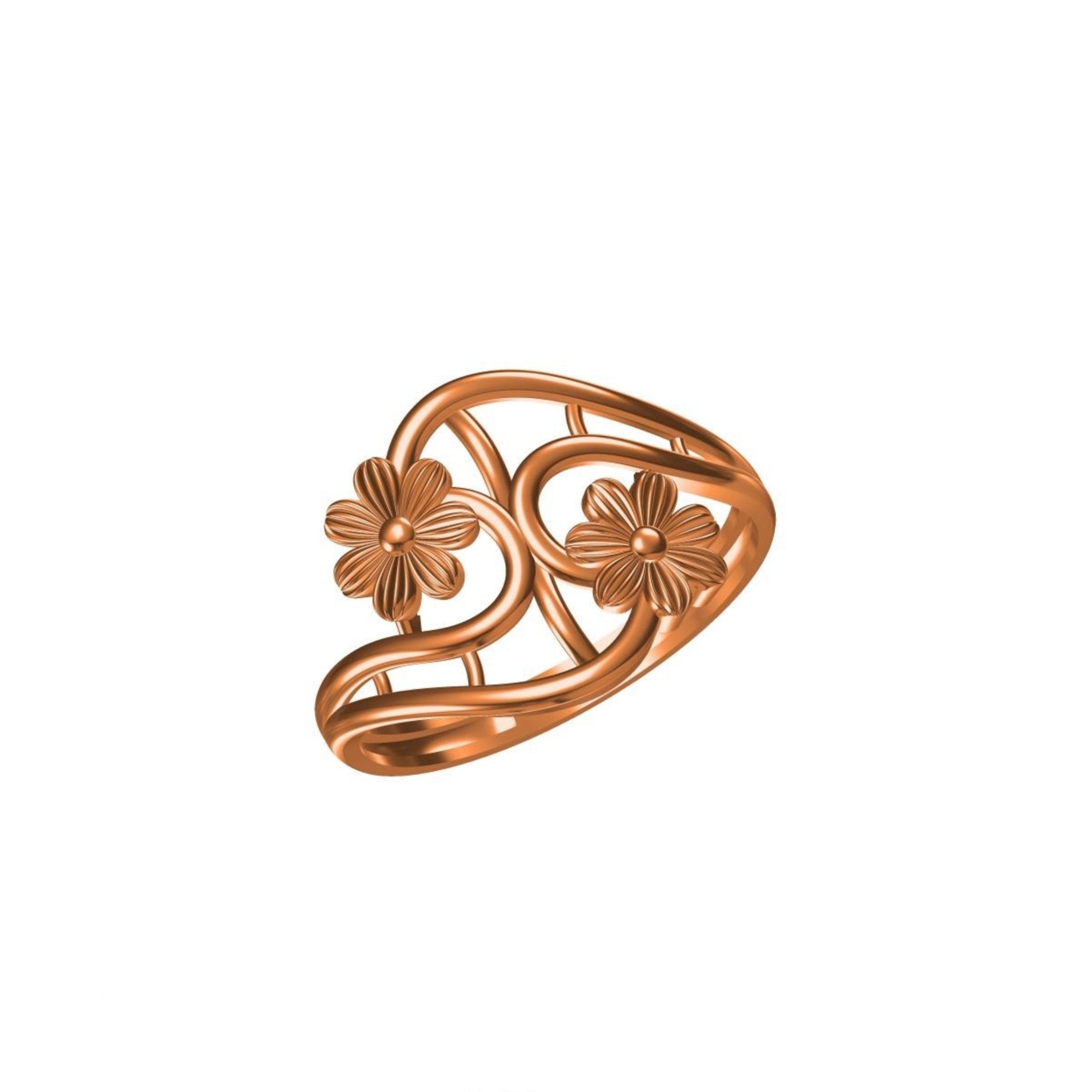 A rose gold ring with an openwork design featuring two stylized flower motifs, shown on a plain white background with a small model number and logo at the bottom.