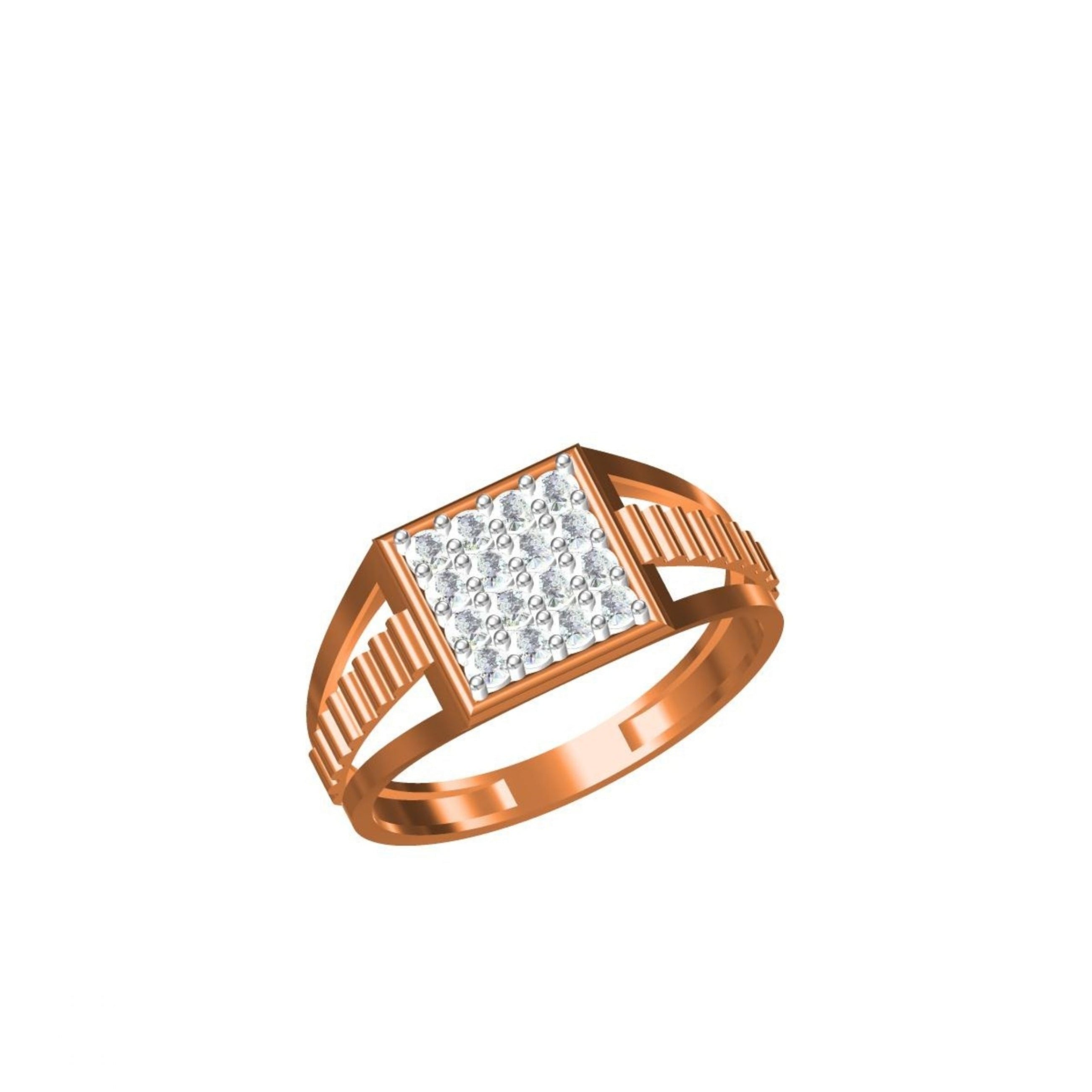 A rose gold ring with a square diamond cluster setting and geometric side accents, shown on a plain white background with a small catalog table and 'DC' logo at the bottom.