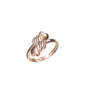 A rose gold ring with a stylized wavy band and two interlocking heart motifs, shown on a plain white background with a small model number and brand logo at the bottom.