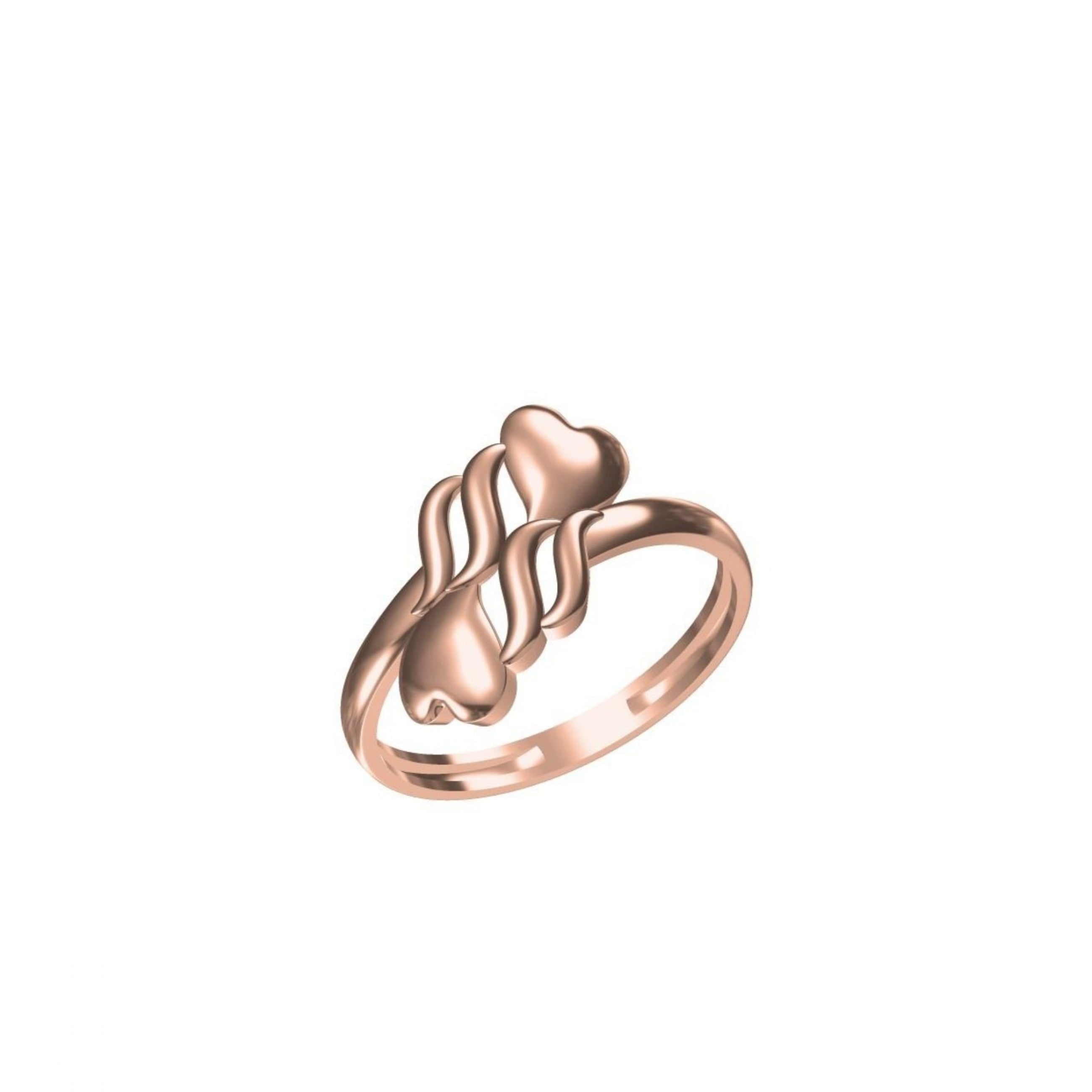 A rose gold ring with a stylized wavy band and two interlocking heart motifs, shown on a plain white background with a small model number and brand logo at the bottom.