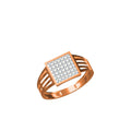 A rose gold ring with a square face paved with clear stones, shown on a plain white background with a small specification sheet and 'IC' logo at the bottom.