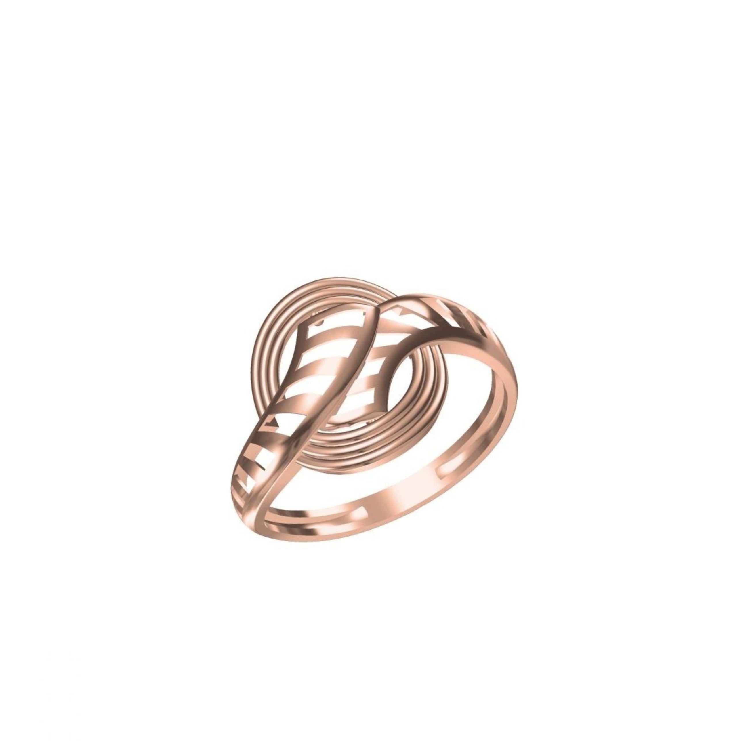 A rose gold ring with a complex, interlocking spiral design, shown on a plain white background with a small model number and logo at the bottom.