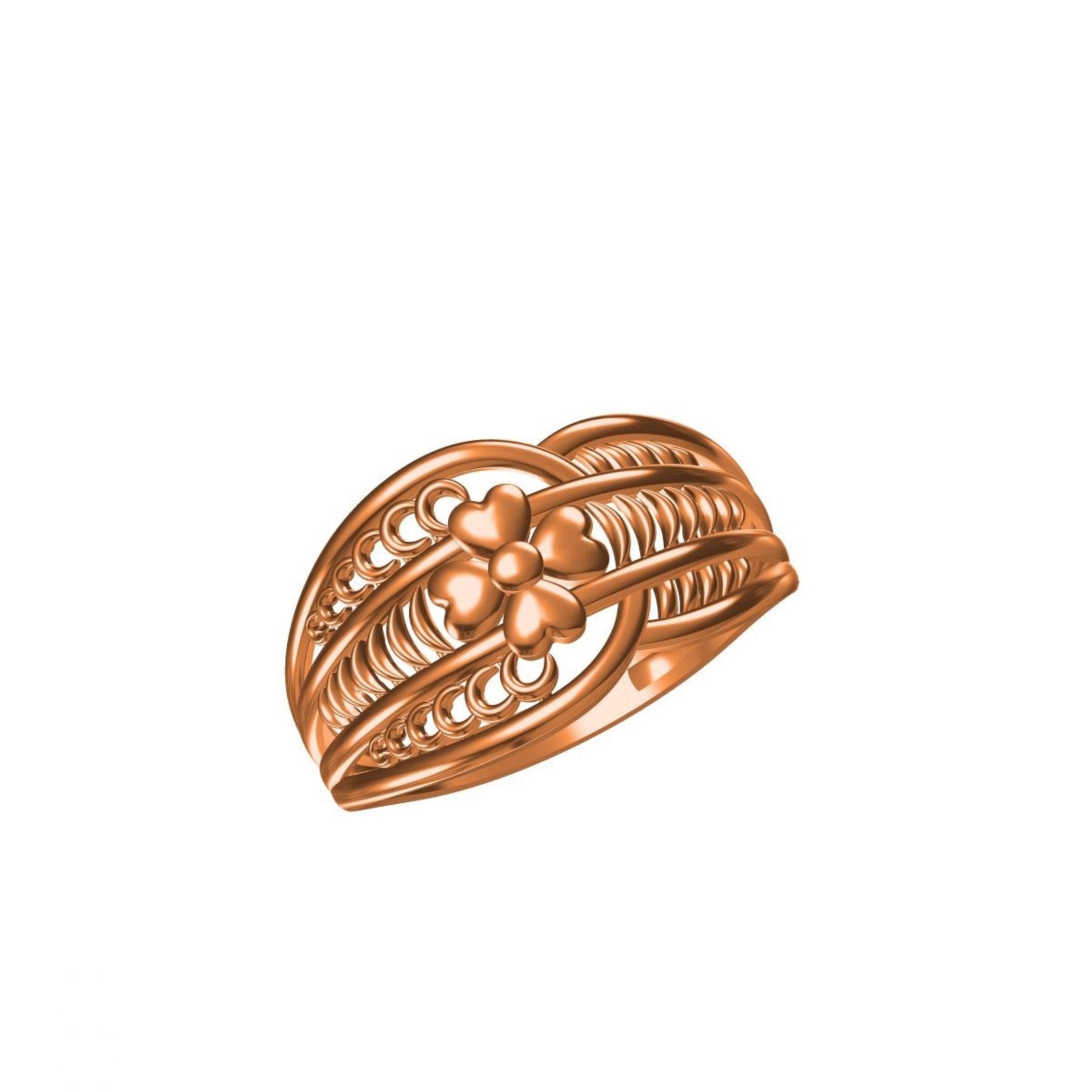 A rose gold ring with a textured, openwork design featuring a central floral motif, shown on a plain white background with a model number and brand logo at the bottom.