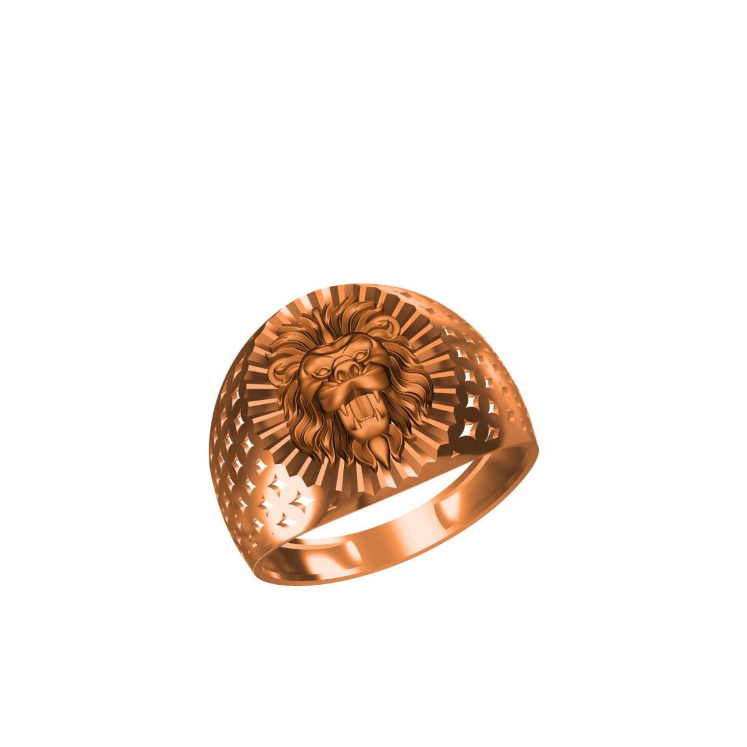 A rose gold signet ring featuring an embossed lion head with a sunburst pattern and a perforated band, shown on a plain white background.