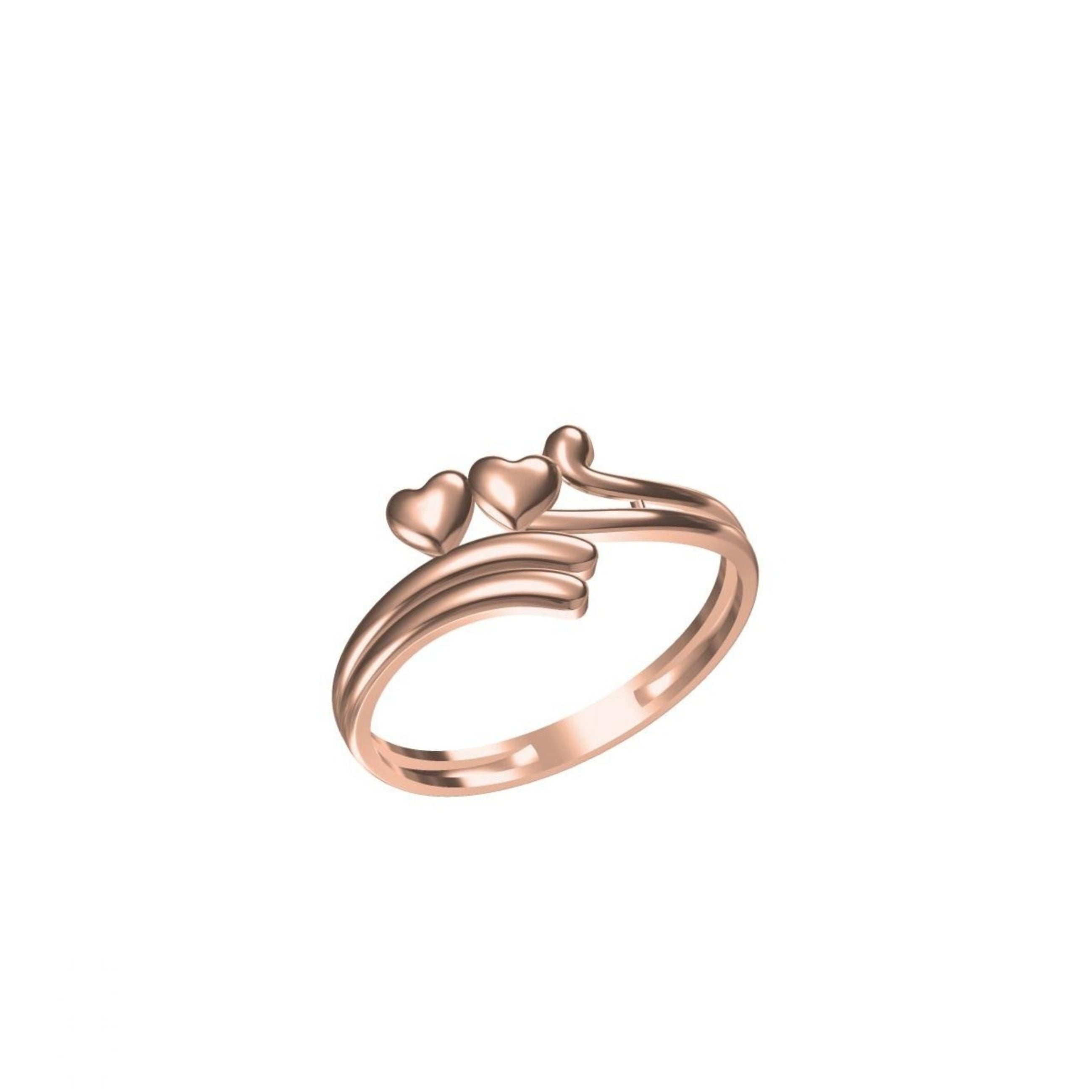 A rose gold adjustable ring with a double heart design on a plain white background, featuring a small code label and a logo at the bottom.