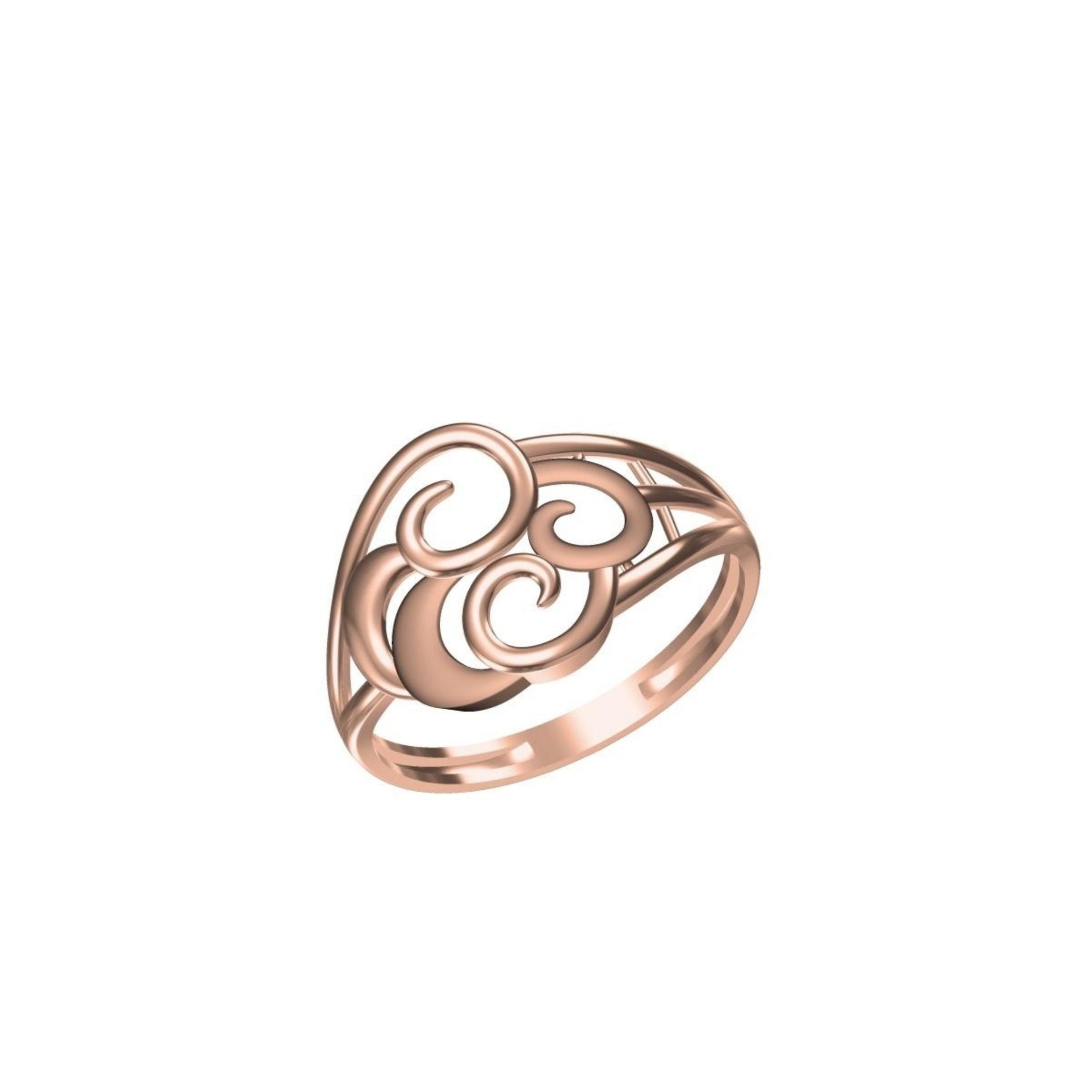 A rose gold ring with an openwork scrollwork design, shown on a plain white background with a small model number and brand logo at the bottom.