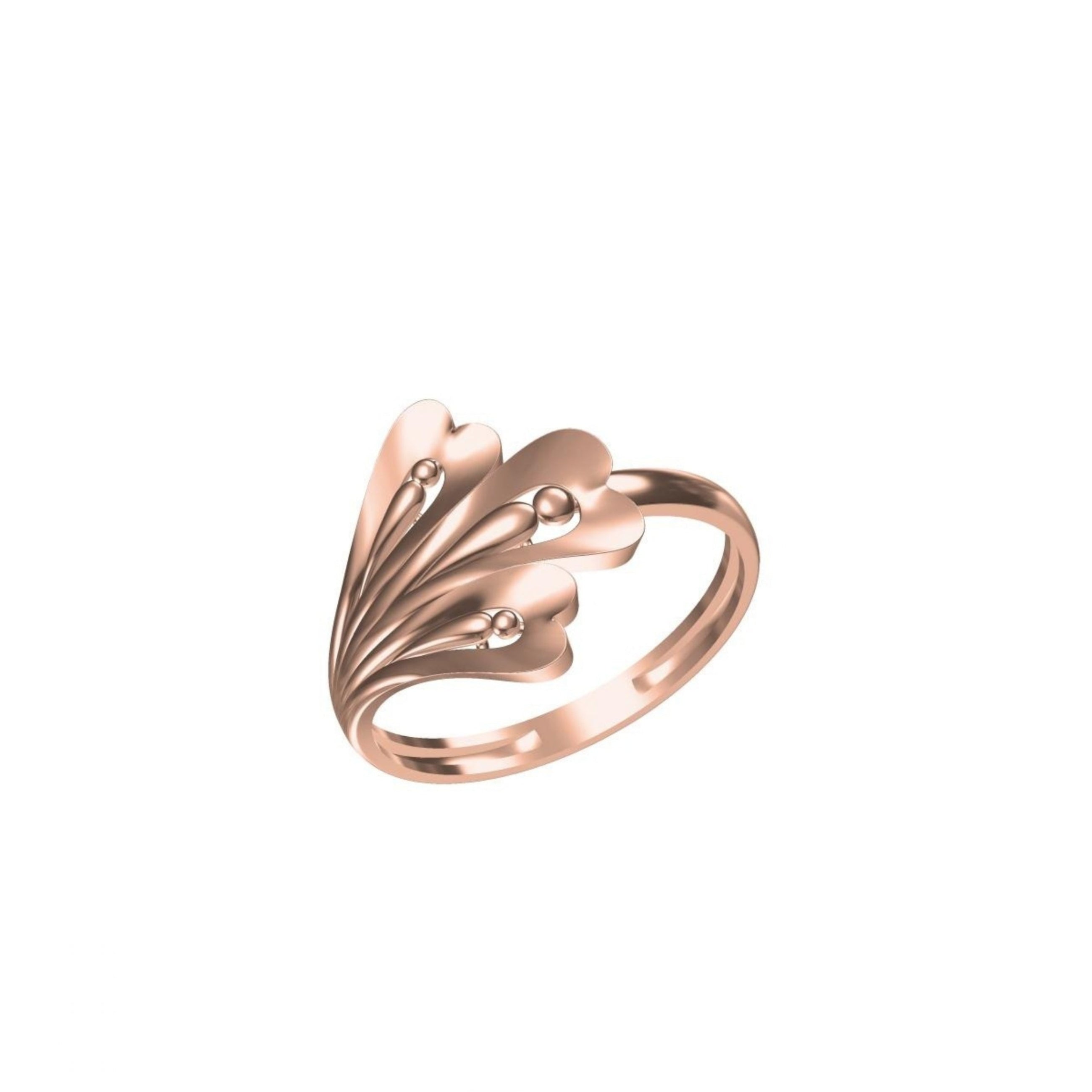 A rose gold ring with a sculptural, layered petal-like design and small clear gemstones, shown on a plain white background with a product code label in the bottom left and an 'DC' logo below.