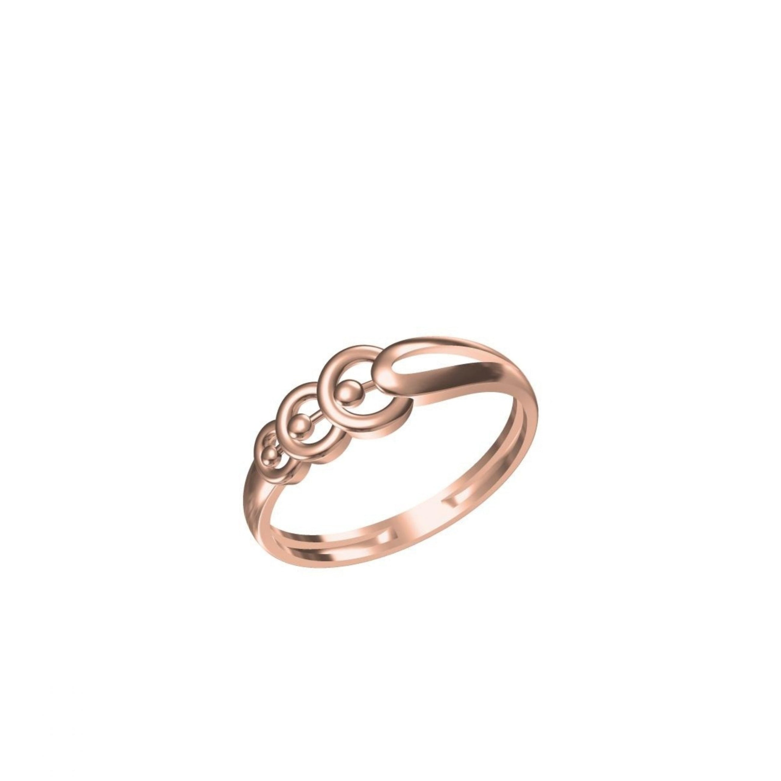 A rose gold ring with a unique interlocking circular design on a plain white background, featuring a small code label in the bottom left and a logo in the bottom center.