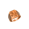 A rose gold signet ring featuring an engraved horse emblem on a hexagonal face, with textured side panels, shown on a plain white background.