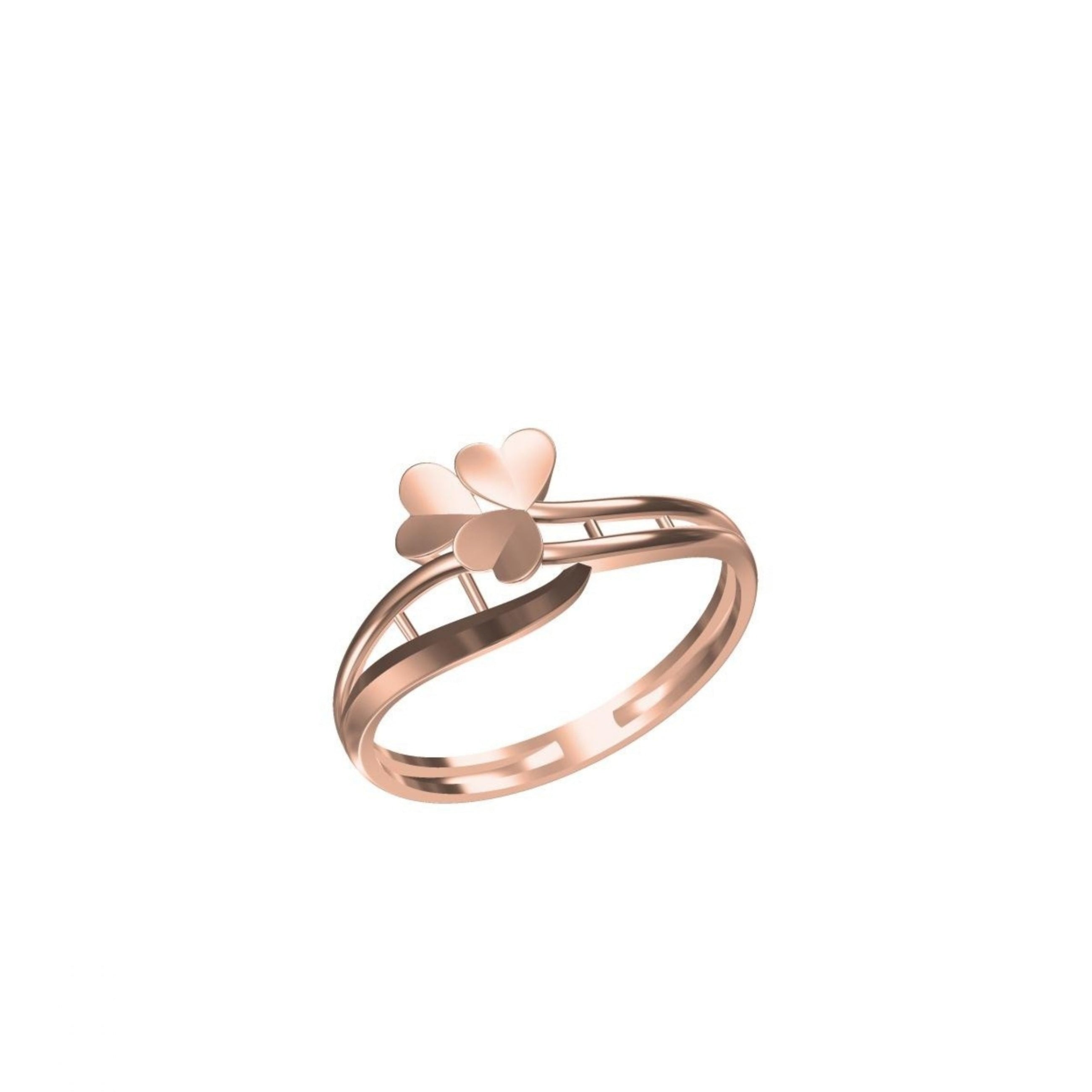 A rose gold ring featuring a small three-heart design on a clean white background, with a product code label in the bottom left and an 'DC' logo below.