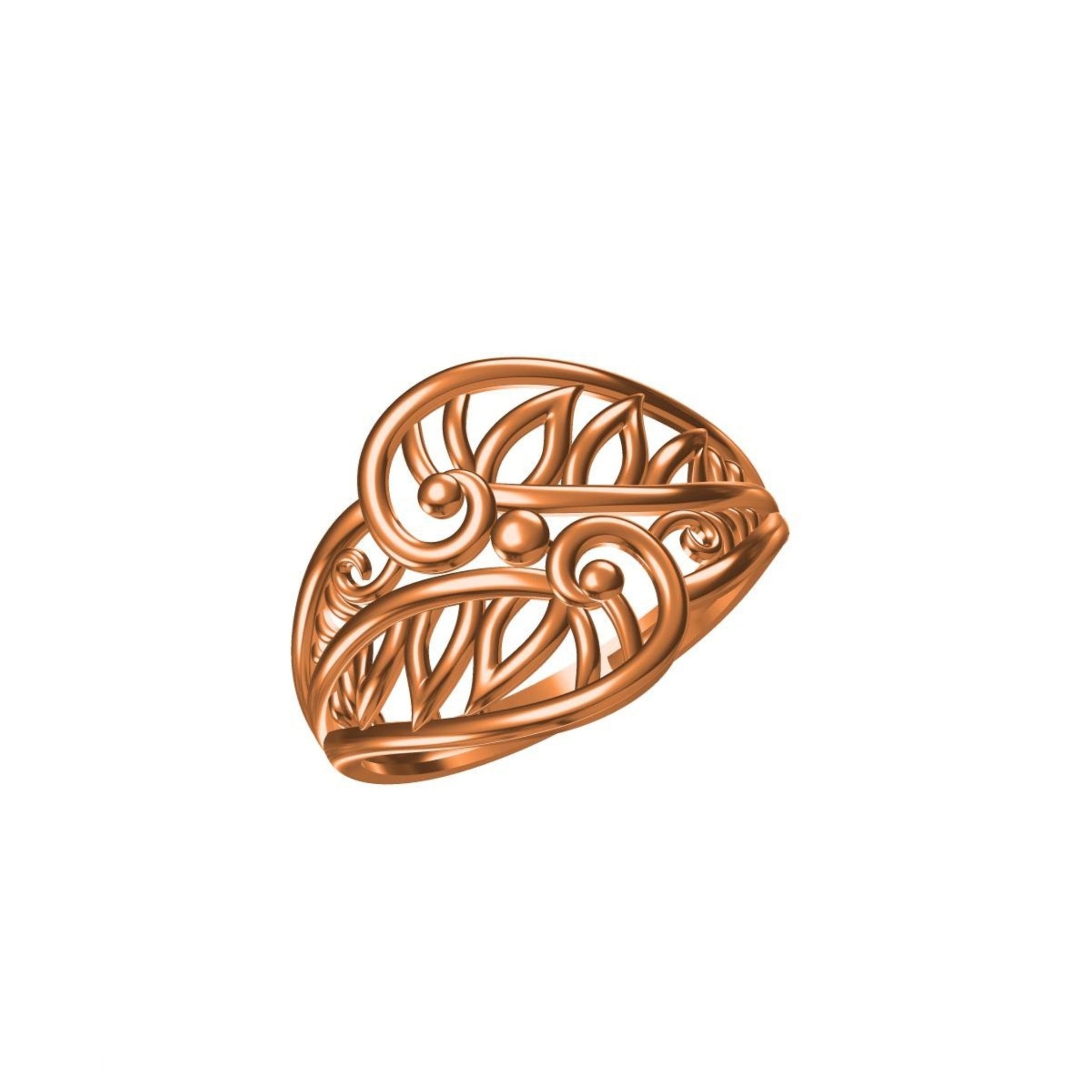 An ornate rose gold filigree ring with a leaf-like silhouette and intricate openwork detailing, shown on a plain white background with a model number and brand logo at the bottom.