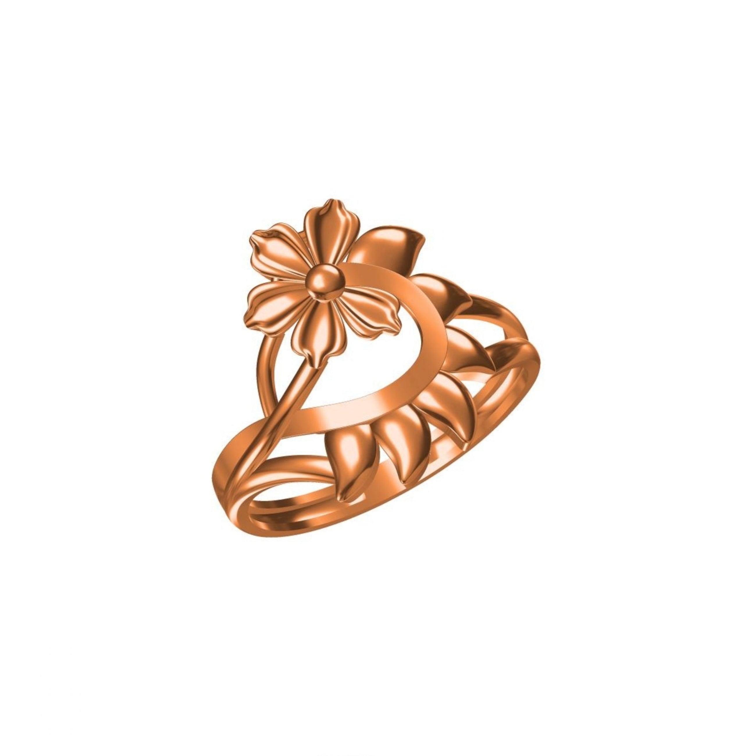 A rose gold ring featuring a stylized flower on a leafy band, shown on a plain white background with a small catalog label and logo at the bottom.