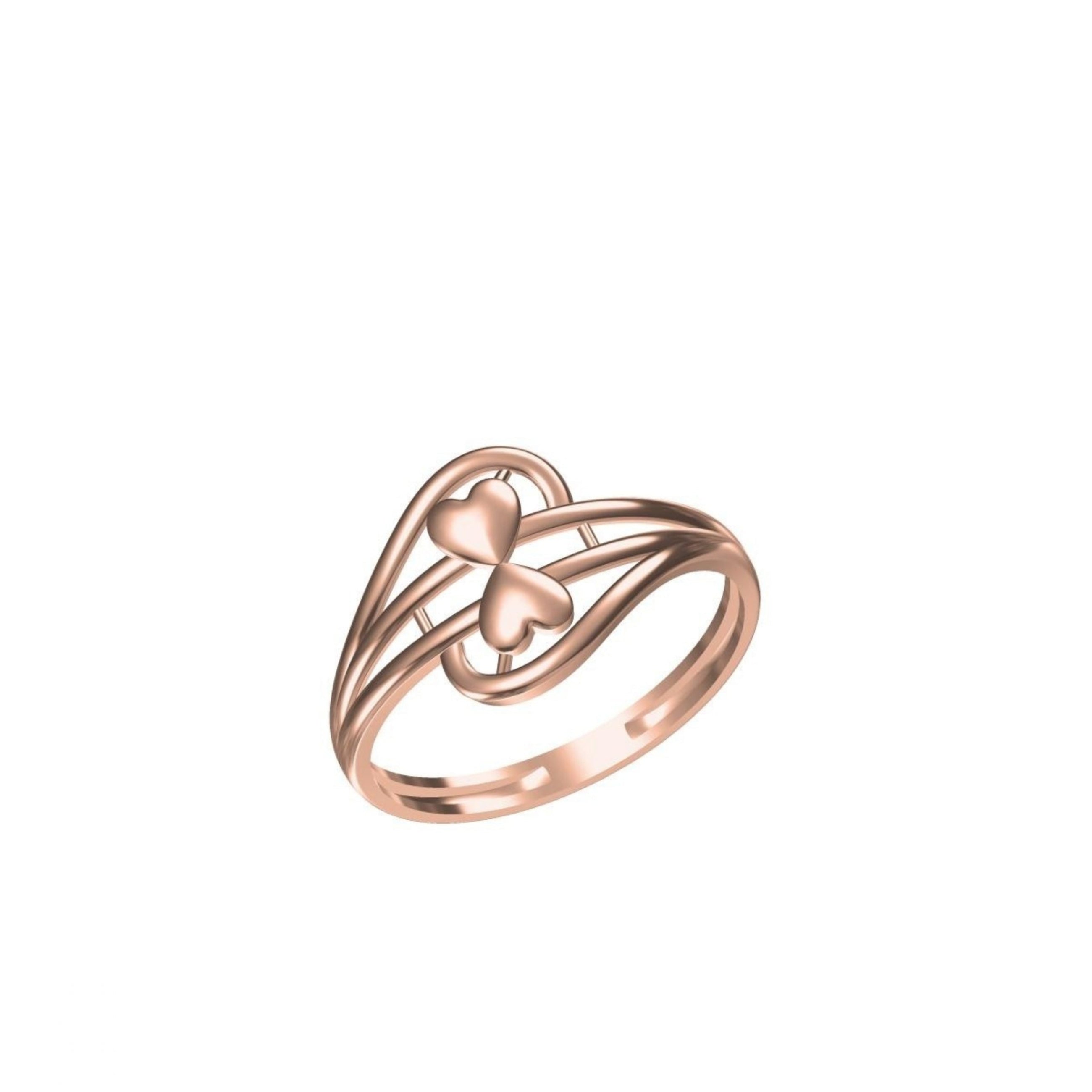 A rose gold ring with a stylized openwork design featuring three interlocking hearts, shown on a plain white background with a small model number and brand logo at the bottom.