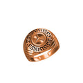 A rose gold signet ring with a Greek key border and a central star motif, shown on a plain white background.