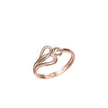 A rose gold ring with a unique intertwined loop design, shown on a plain white background with a small model number and brand logo at the bottom.