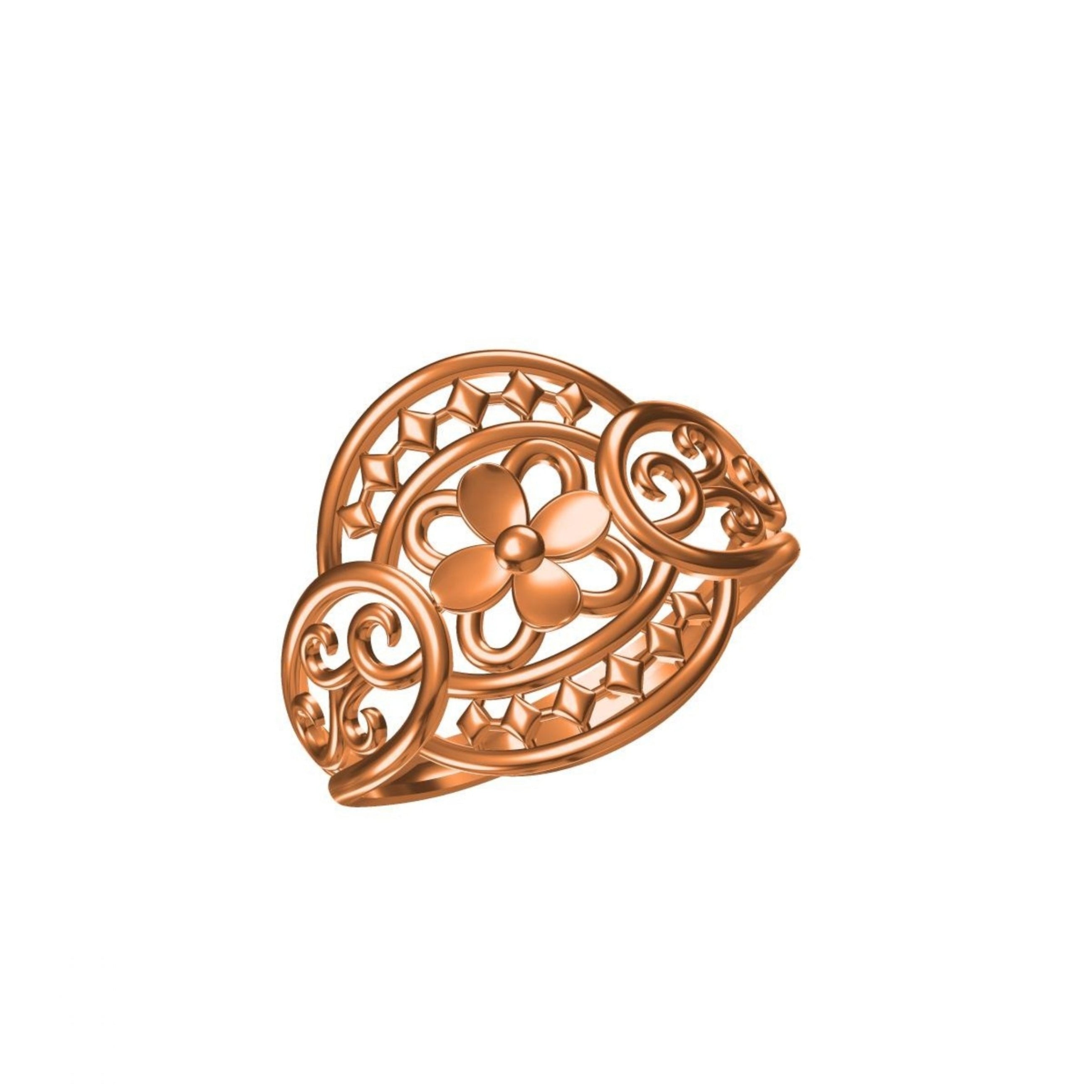 A rose gold filigree ring with a central floral motif and scrollwork details, shown on a plain white background with a small product code label and logo at the bottom.