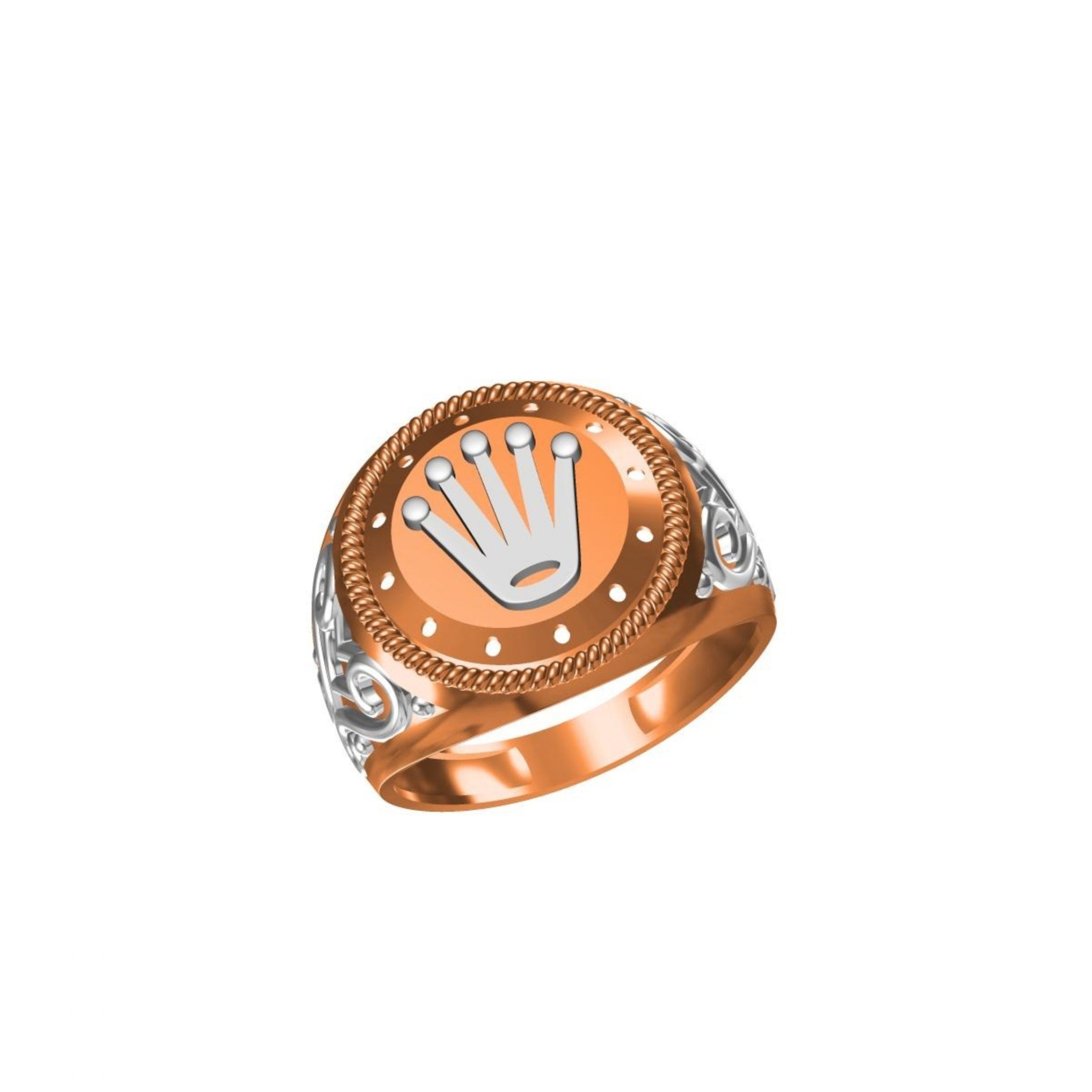 A rose gold signet ring featuring a silver crown emblem on a rose gold face, with a textured silver band, shown on a plain white background.