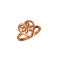 A rose gold ring featuring a heart-shaped outline with a five-petal flower design in the center, shown on a plain white background with a small model code label and 'DC' logo at the bottom.
