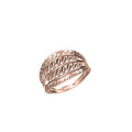 A rose gold multi-band ring with a textured, diamond-cut pattern, shown on a plain white background with a product code label and a logo at the bottom.