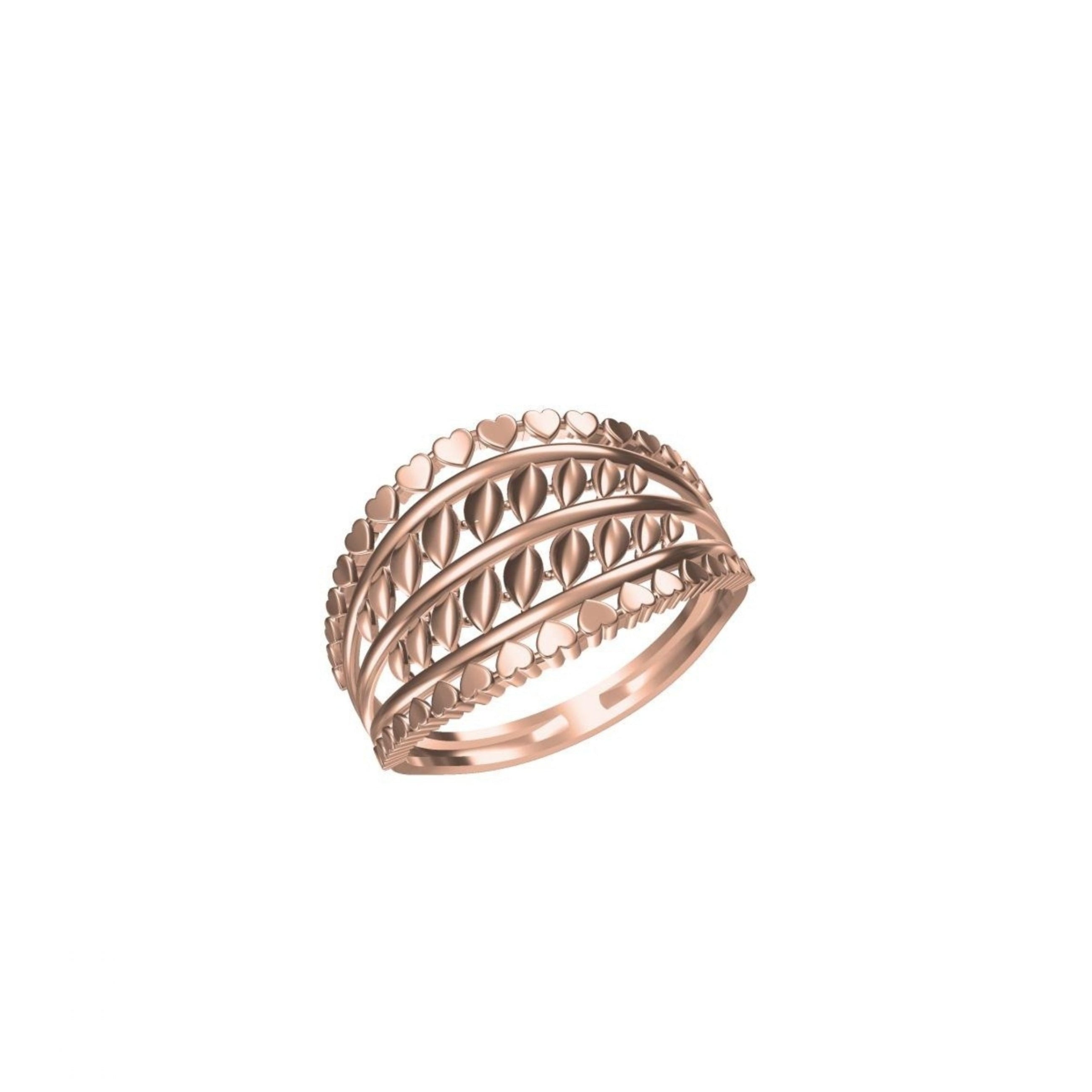 A rose gold multi-band ring with a textured, diamond-cut pattern, shown on a plain white background with a product code label and a logo at the bottom.
