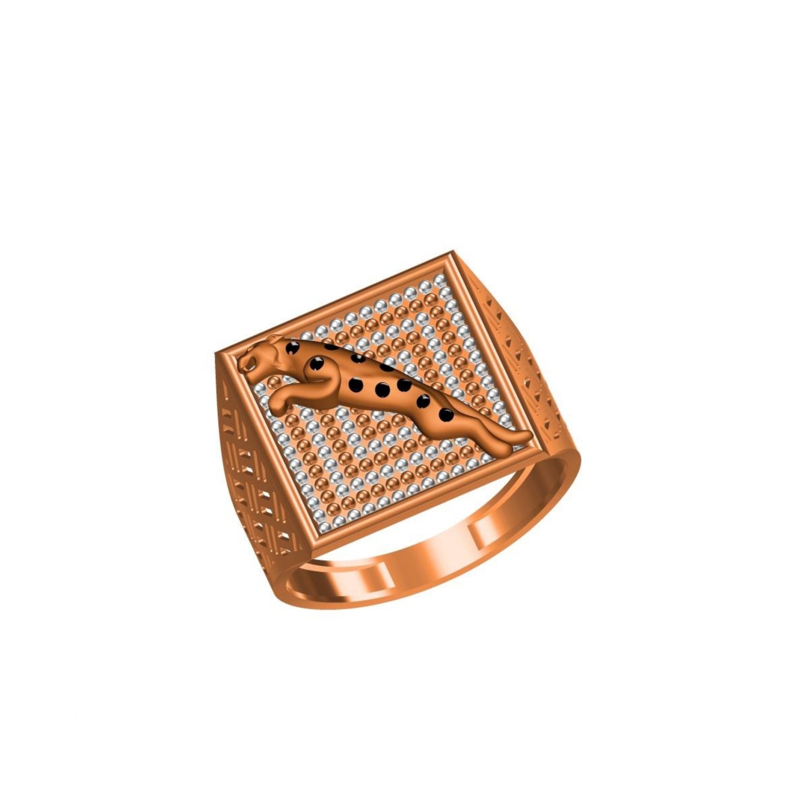 A rose gold signet ring featuring a jaguar motif over a chevron pattern paved with small clear stones, shown on a plain white background.