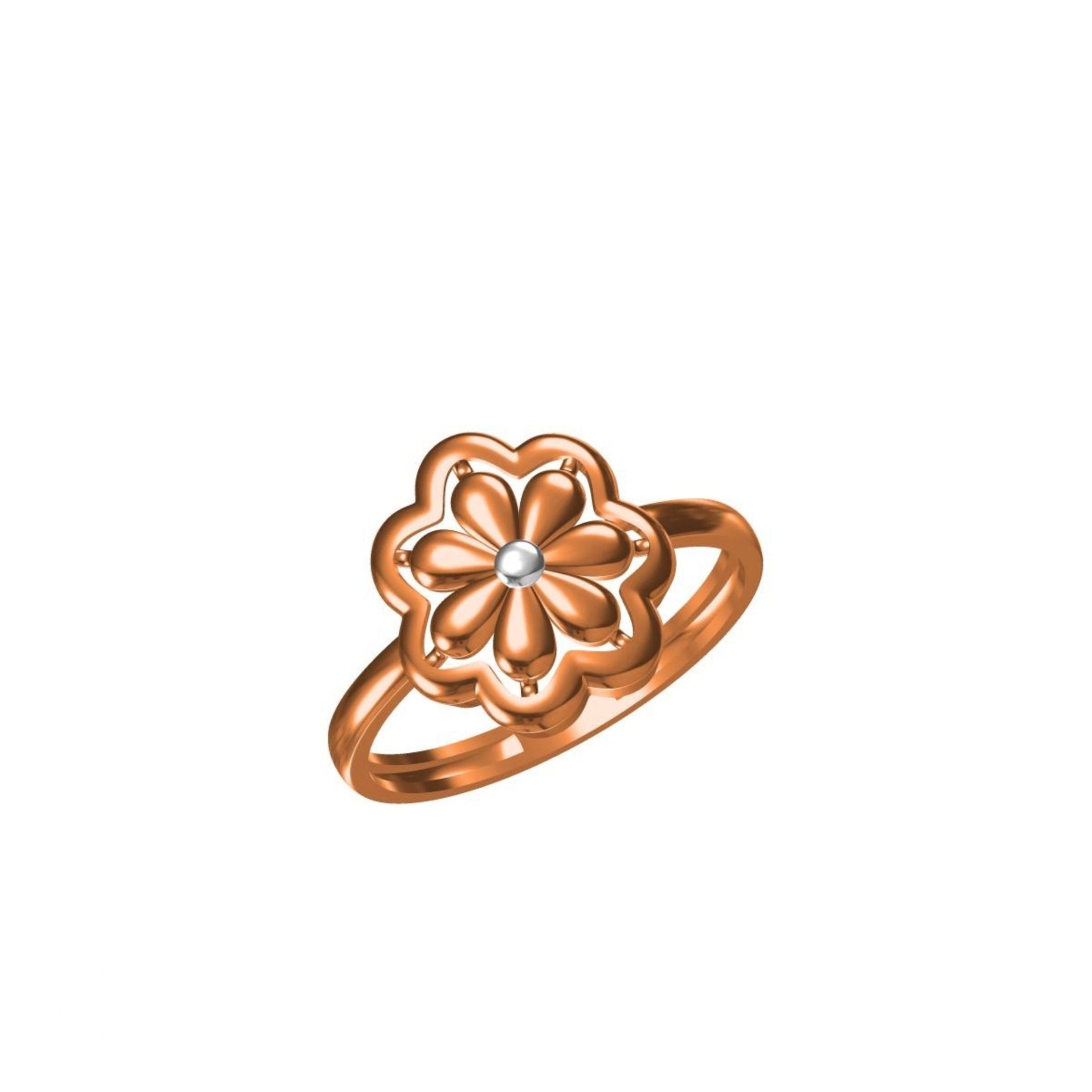 A rose gold flower-shaped ring with a small clear central gemstone, shown on a plain white background with a small product code label and 'IO' logo at the bottom.